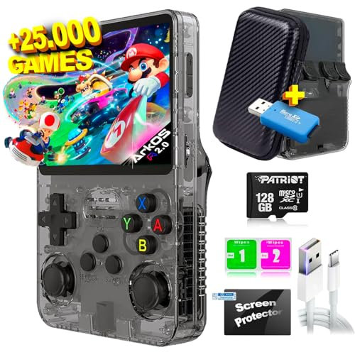R36S Consola Retro Portatil con 25000 Juegos +25 Emuladores 128GB - Mini Consola Portatil, Consolas: PS1, PSP, N64, NDS... HD IPS de 3.5 640*480-4 Core 1.6 GHz y RAM 1GB (Negro Transparente, 128GB)