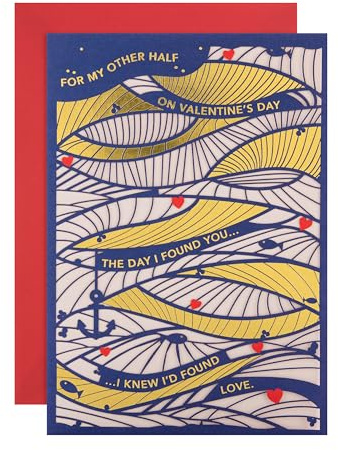 Hallmark Valentines Day Card, Better Half Abstract Sea Design, With | Blue and Gold Laser Cut Design, Metallic Gold Foil, H22.8cm by W15.9cm, Fully Recyclable, Includes Red Envelope
