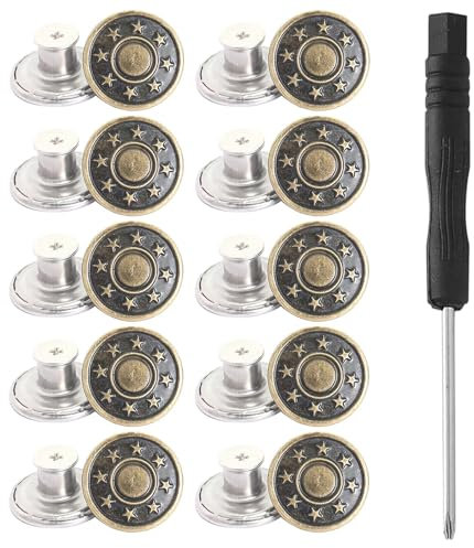 10Pcs Jeans Buttons with Threads Rivets and Screwdriver, 17mm Adjustable Jean Button Pins Replacement Jean Tack Buttons No Sew, Removable Pants Buttons for Bags Jeans Clothing