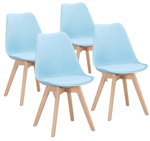 DEWINNER Juego de 4 Sillas de Comedor, Sillas de Cocina con Respaldo Ergonómico, Asiento Acolchado Tapizado y Patas de Madera Maciza de Haya - Azul Claro