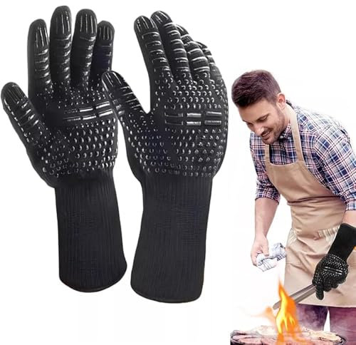 Grillhandschuhe Ofenhandschuhe Hitzebeständig bis 800°C: Grill-Ofenhandschuhe Topfhandschuhe Kochhandschuhe Backhandschuhe für Mikrowelle Backen Grillen Kochen BBQ, Kaminhandschuhe feuerfest (Schwarz)