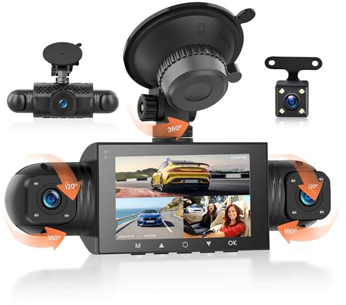 Rimoody 4 Canali Dashcam Auto 360°, 4 Telecamera HD 1080P Anteriore e Posteriore Sinistra Destra, 3 Pollici IPS 1080P Dash Cam con Visione Notturna IR/Loop video/24H Parcheggio Monitor/G-Sensore