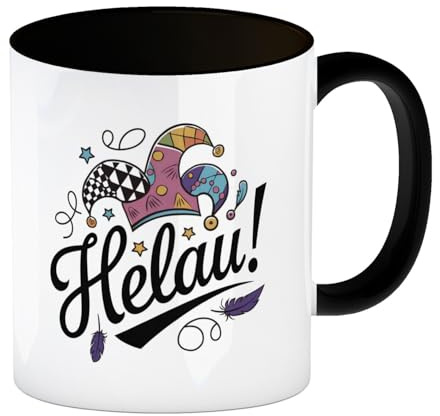 Karneval Kaffeebecher in schwarz mit Helau Narrenhut Lustiger Tassen-Spruch für Karnevalsliebhaber