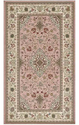 Coppia Tappeti orientali classici TABRIZ ROSA in ciniglia multiuso lavabili antiscivolo cm.65x110 (Set 2 pezzi)