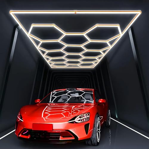 Jatwefiv Lampe de garage à LED hexagonale 14 grilles hexagonales 6500K plafonnier LED hexagonal pour exposition de voitures garage magasin salle entrepôt,D