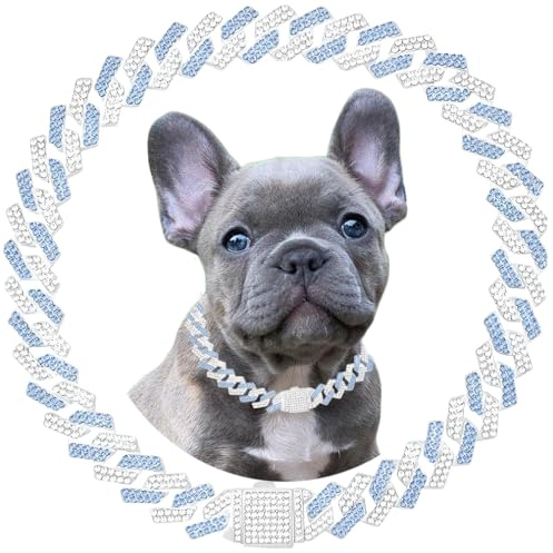 Blue Dog Chain Collars Bling Diamond Cuban Link Puppy Collar With Secure Buckle Walking Metal Chain Necklace Crystal Jewelry Cat Collars for Small Medium Large Pet Dogs Boys Girls, 16 Inch
