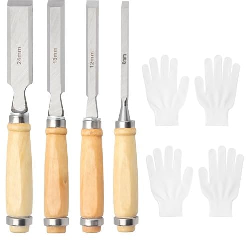 APOMOONS Lot de 4 Ciseaux A Bois 6, 12, 18, 24mm Ciseau Au Manches A Bois pour Professionnels Et DéButants pour Le Bricolage Livré Avec 2 Paires de Gants Et un Sac de Transport