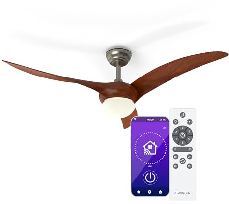 KLARSTEIN Monteverde Ventilateur de Plafond avec Lumière – Télécommande & App, 6 Vitesses, Modes Été & Hiver, Lumière Dimmable, 132cm, Noyer