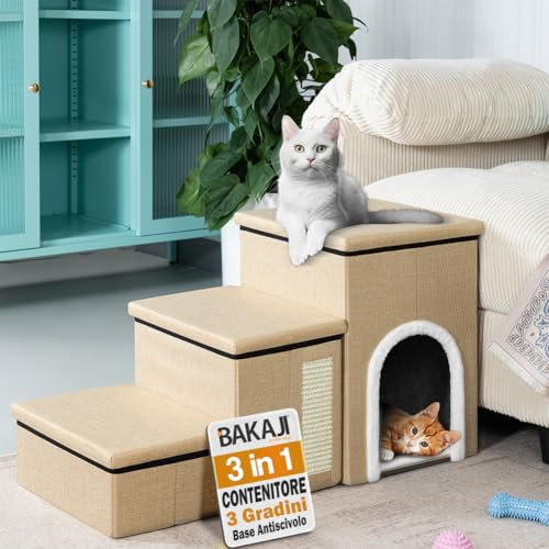 BAKAJI Escaliers pour Chiens et Chats 3 en 1 Pliable en Polyester Beige, échelle pour Animaux domestiques, Multifonction, échelle de Compartiment de Rangement et de Niche, marches ergonomiques, Fond