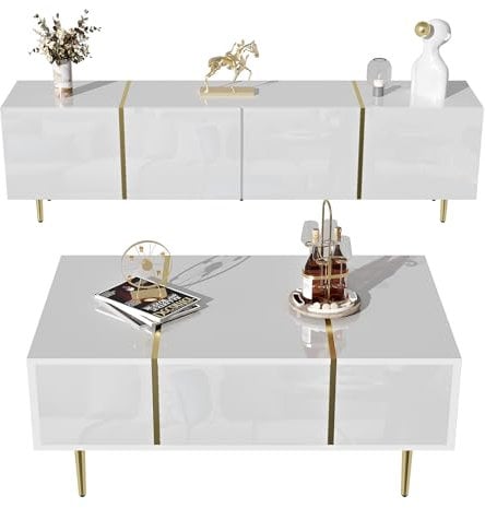 Merax Modern Living Room sets, high-gloss white TV cabinet and coffee table set, white-gold Modern Simple Elegant design, Plenty of storage space