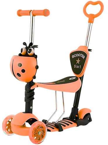 Trendi 5-in-1 Kids Scooter | Toddler Kick Scooter with Flashing LED Light-Up Wheels | 3-Wheel Scooter with Adjustable Handlebar, Removable Seat & Push Handle for Boys & Girls