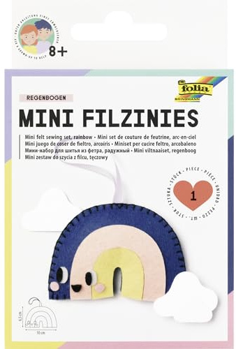 folia 52922 - Mini Filzinies REGENBOGEN, 15-teiliges Filz Nähset aus 11 vorgestanzten Filzteilen inkl. Zubehör, zum Basteln eines selbstgenähten Anhängers, für Kinder ab 8 Jahren