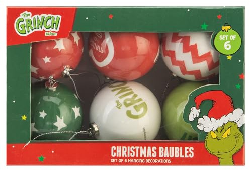 PMS Grinch Baubles 75mm Pack of 6 – Official Licensed Christmas Tree Baubles – Assorted Shiny Finish Designs Featuring The Grinch – Fun Festive Seasonal