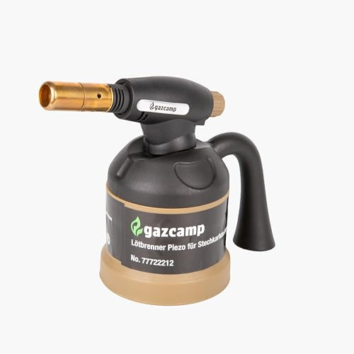 Gazcamp Piezo Lötbrenner für Stechkartuschen, Professioneller Gasbrenner mit 1800°C Flammentemperatur, Schwarz-Gold, für Weich- und Hartlötarbeiten, mit Windstabilem Brennerkopf