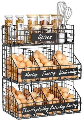 3 Tier Egg Holder for Worktop, Egg Storage Rack with 5 Dividers | 3 tier carbon steel egg rack with 5 adjustable dividers, wipe-clean labels and erasable pen for weekly egg sorting.