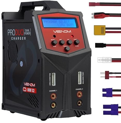 Venom Power Pro Duo LiPo Battery Charger, LCD Display, Charging Cables, Balance Charger and Discharger for LiPo, LiHV, Li-Ion, Life, NiMH, NiCD, Pb Batteries - Power Supply