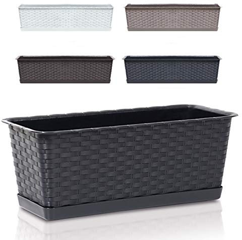 rg-vertrieb Blumenkasten Balkonkasten Blumentopf Rattan Optik Case P Untersetzer Geländerkasten 4 Größen (700 Mocca)