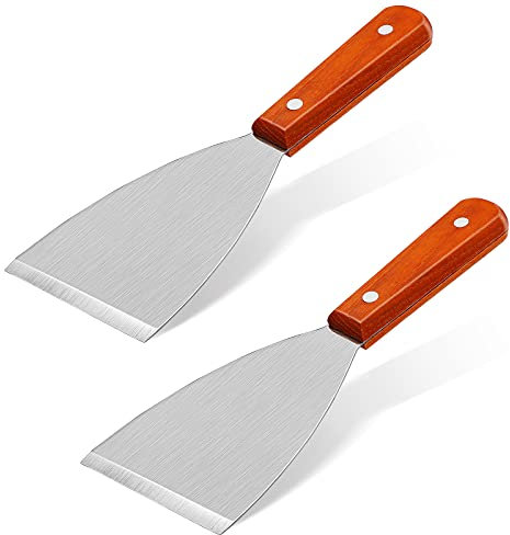 Yardwe 2 STÜCKE Holzgriff Edelstahl Klinge Slant Edge Grill Schaber Grill Pfanne Spatel Schaber Grillspachtel