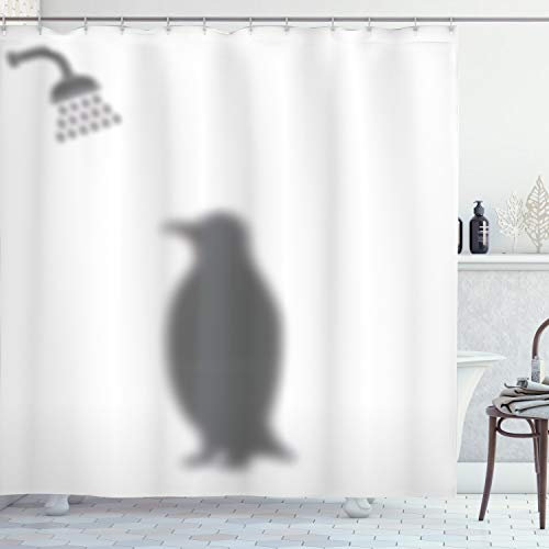 ABAKUHAUS Pinguin Duschvorhang, Showering Tier, Stoffliches Gewebe Badezimmerdekorationsset mit Haken, 175 x 220 cm, Grau und Weiß