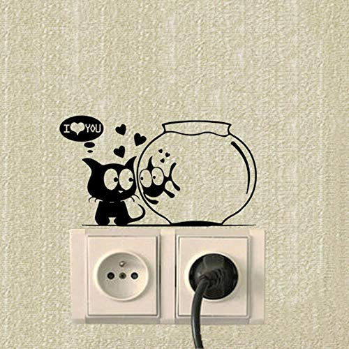 Katze und Fisch-Aquarium Funny Animals Schalter Aufkleber-Vinyldekor Wand-Aufkleber A3451, Schwarz