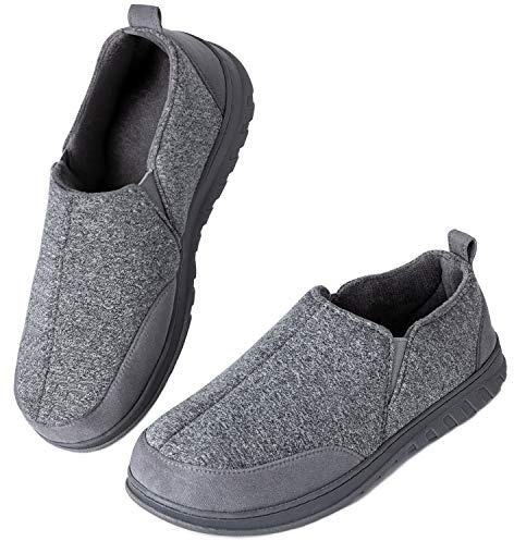 LongBay Men’s Cotton Jersey Memory Foam Slippers Breathable Comfy House Shoes with Non-Slip Indoor Outdoor Rubber Sole(6-7 UK,Grey)
