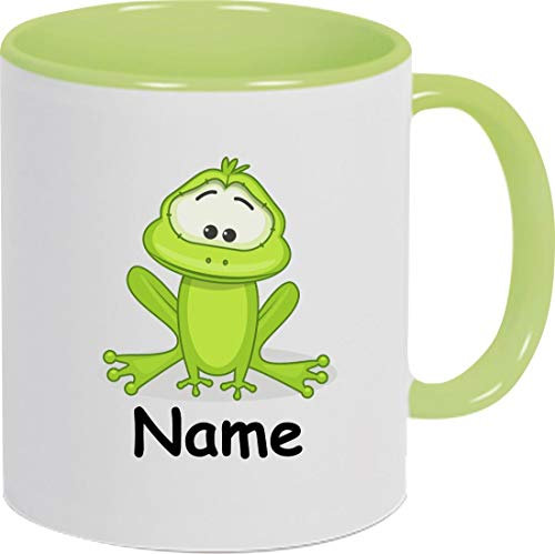 Shirtinstyle Kaffeepott, Tasse, Frosch mit Wunschnamen, Wunschtext, Spruch Name Text Becher Mug Kaffeetasse, Tiere, Natur, Farbe hellgrün