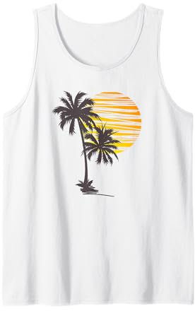 Cool Summer Beach Vacation Men Women Sunset Palm Tree Tank Top