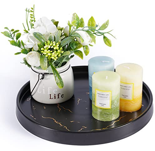 Vassoio decorativo in ceramica per tavolino da caffè e tavolo da pranzo, vassoio rotondo da 10 pollici, vassoio da cucina da bagno per bancone, finitura nera e marmo