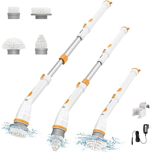KiKoLin Estropajo eléctrico giratorio con control de velocidad de 2, cepillo de limpieza inalámbrico para baño, suelo, cocina con 4 cabezales de cepillo reemplazables y mango largo de extensión