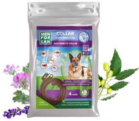 MENFORSAN Pack de 4 Collares Anti-Insectos para Perros, con Margosa, geraniol y lavandino