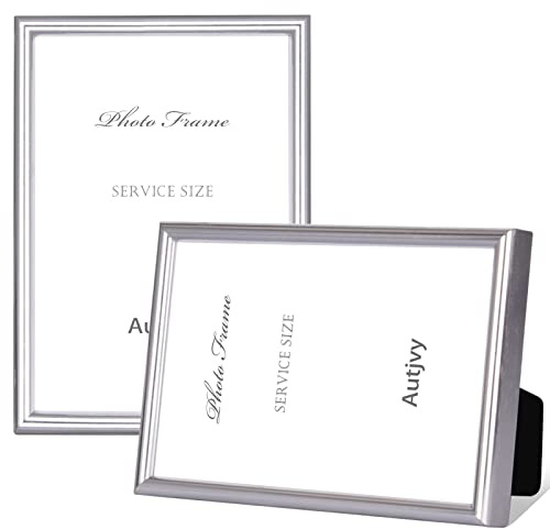 Autjvy 4x6 Picture Frame Set of 2, Silver Brushed Modern Simple Thin Aluminum Metal Photo Frame with HD Real Glass, Display for Tabletop and Wall Collage, 2 Pack
