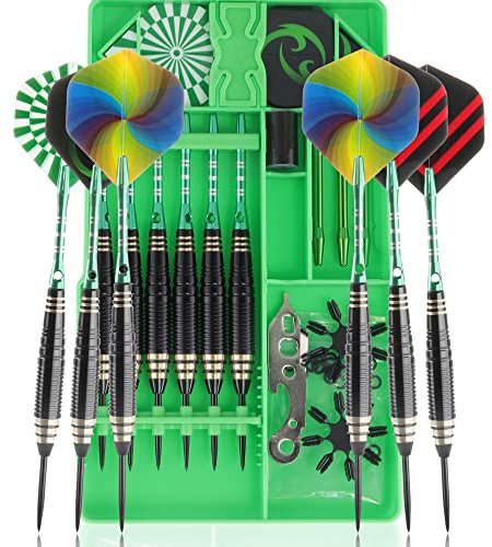 CareGames Dartpfeile mit Metallspitze,6 Stück 24 Gramm Profi Steeldarts 9 Aluminium Schaft mit 12 Flights, 20 Orings, 2 Flight Protektoren,Sharpener und Werkzeug Geschenketui