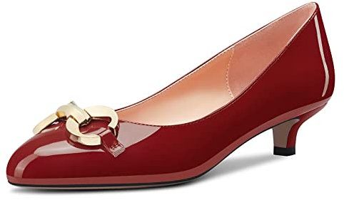 NobleOnly Donna Basso Gattini Tacco Heel Rotonda Punta Pumps Slip-on da Matrimonio Cute 3.5 CM Heels Borgogna Rosso Verniciata 42 EU