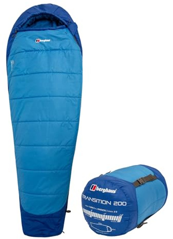 Berghaus Transition 200 Sleeping Bag for Adults, Teens, Kids, 1 Person, 2 Season, Waterproof, Lightweight, Indoor & Outdoor Use, Camping, Hiking, Backpacking, Travelling, Compression Bag, Blue
