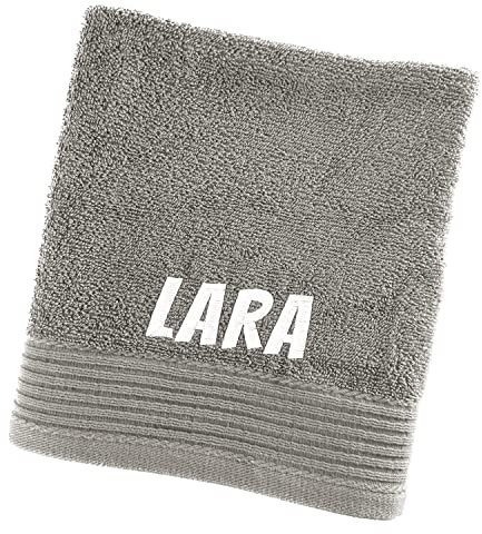 Schnoschi Handtuch mit Namen oder Wunschtext Bestickt, personalisiertes Duschtuch, individuelles Badetuch, Saunatuch oder Gästehandtuch mit Initialen, 100% Baumwolle, 50 x 100 cm grau
