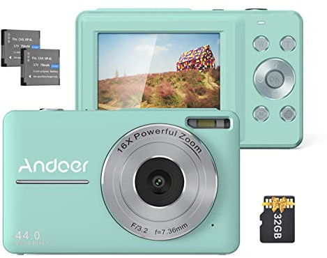 Andoer Digitalkamera mit SD-Karte, 32 GB, 2 Stück, wiederaufladbare Batterien, 1080p, 44 m, HD, 16-facher Digitalzoom, Anti-Shake, 2.5 IPS-Bildschirm, lächelndes LCD-Display für Kinder und Urlaub