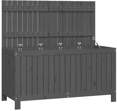 vidaXL Garden Storage Box - Solid Pine Wood, Grey - Spacious, ic Design with Hydraulic Gas Lift and Ventilated Slats - 121x55x64 cm