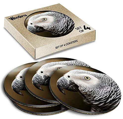 4 x Round Coasters - African Grey Parrot Bird Close Up Cork Backed MDF Glossy Tea Coffee Accessory #50049