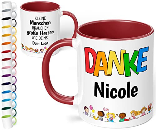 Kita Abschiedsgeschenk für Erzieherin: Kaffee-Tasse personalisiert mit Namen „Danke WUNSCHNAME – Kleine Menschen brauchen große Herzen wie Deins!“ - Dankeschön Kindergarten Krippe (Bordeaux)
