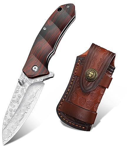 Japaknives Damast Taschenmesser Outdoor Klappmesser VG10 Damaststahl Survival Messer mit Lederscheide Damastmesser für Camping Ideal als Geschenk