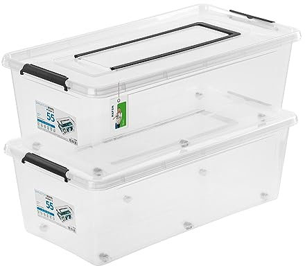 PAFEN 2x Aufbewahrungsbox 55L mit Rollen und Griff - 38,5 x 25 x 75,5 cm - Transparent Boxen Aufbewahrung Stapelboxen mit Verschlussclips Kunststoffbehälter