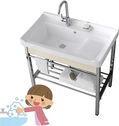 Lavelli da Cucina per la Casa Lavelli per Lavanderia,Lavello in Ceramica Autoportante Lavandino in Porcellana Rettangolare con Ripiano in Acciaio Inossidabile per Bagno in Fattoria