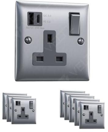 Veltz USB C Socket | 20W PD/PPS USB C & 18W QC 4.0 USB A | Super Fast Charging | VELTZ Pro | Single Plug Wall Socket 13A 1 Gang | Brushed Steel