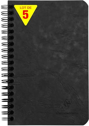 Clairefontaine 786161Cpack - Packung 5 Spiralbuch - Notizheft Age Bag mit Innentaschen 11x17 cm, liniert, 60 Blatt, Schwarz, 5 Stück