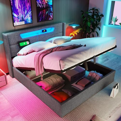 Polsterbett 140x200 cm, Doppelbett mit Stauraum und Lattenrost, LED Kopfteil mit USB Typ C Ladefunktion, Hydraulisch Stauraumbett Funktionsbetten Rückenlehne Bettgestell, Leinen, Grau, Ohne Matratze