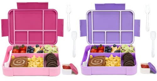 Bugucat Fiambrera infantil con compartimentos, 1330 ml, 2 unidades, fiambrera para niños, caja de almuerzo para niños, caja de almuerzo a prueba de fugas con 6 compartimentos, juego de cubiertos,