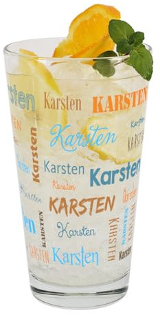 Herz & Heim® Trinkglas mit Namen in verschiedenen Schriftarten und Farben (Braun-Orange-Blau)