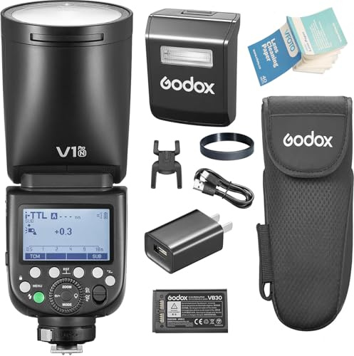Godox V1PRO-N TTL Li-Ion Redonda Cabeza Flash Innovadora Externa Flash SU-1 | 76Ws HSS 1/8000s,2980mAh Batería,Desmontable LED Lámpara de Modelado Flash Externo,M/TTL Modo Flash para Nikon Cámaras