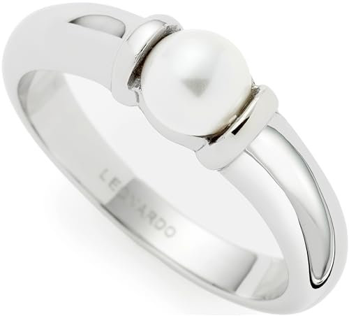 JEWELS BY LEONARDO Ring Almina • Band-Ring aus silberfarbenem Edelstahl • Gr. 18 (56) • weißer Solitär Perlen-Cabochon • verjüngende Ringschiene • Damen Schmuck Geschenk • 023539