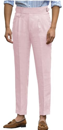 AeoTeokey Pantaloni da uomo in lino, comodi, leggeri, estivi, con vita regolabile, in cotone, dritti, rosa, W38 / L30